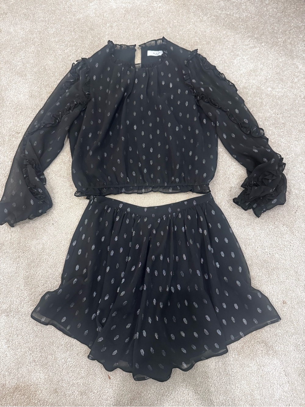 ALI & JAY Girls Black Sheer Metallic Dot Two-Piece Dress Set, size S/M